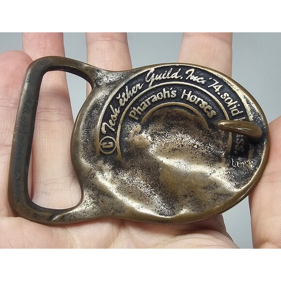 Pharaoh's Horses Vintage 1974 Solid Brass Belt Buckle by Tech Ether Guild 3"x2" - Picture 3 of 6